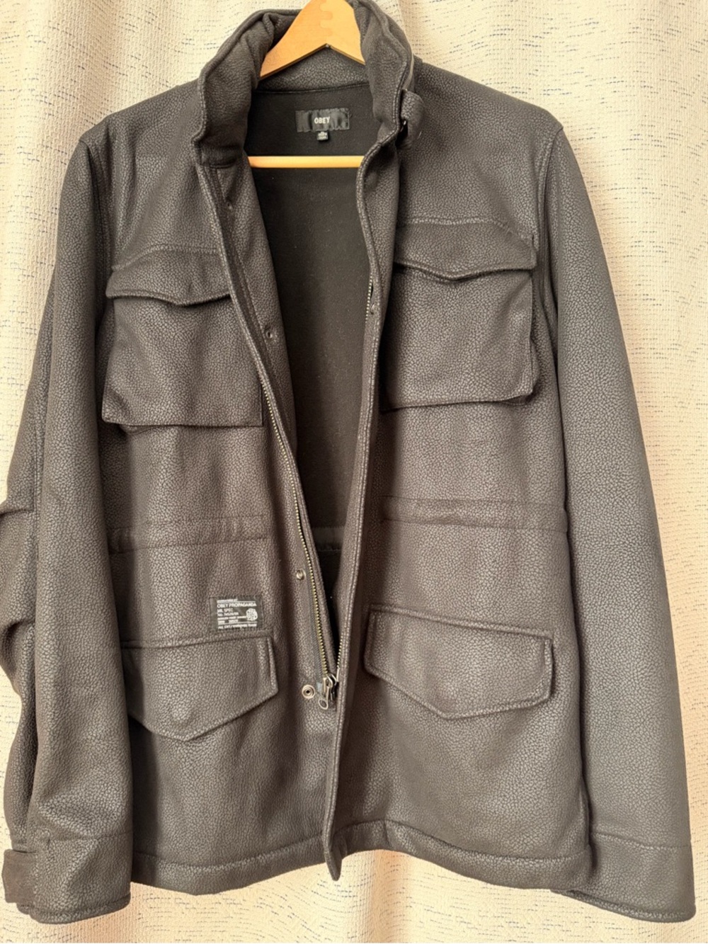 OBEY Propaganda Pebbled Faux Leather Hooded M65 Field Jacket Black